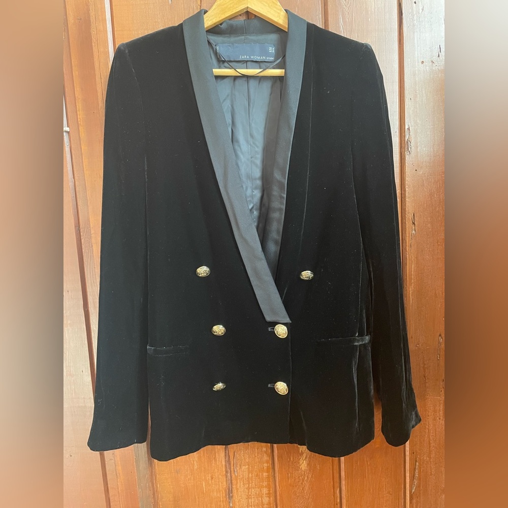 Zara Black Velvet Blazer with Gold Buttons